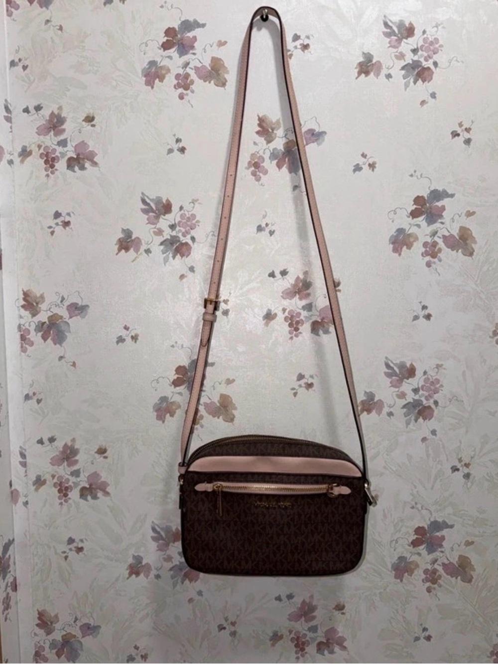 Michael Kors Brown and Light Pink MK Logo Crossbody Bag